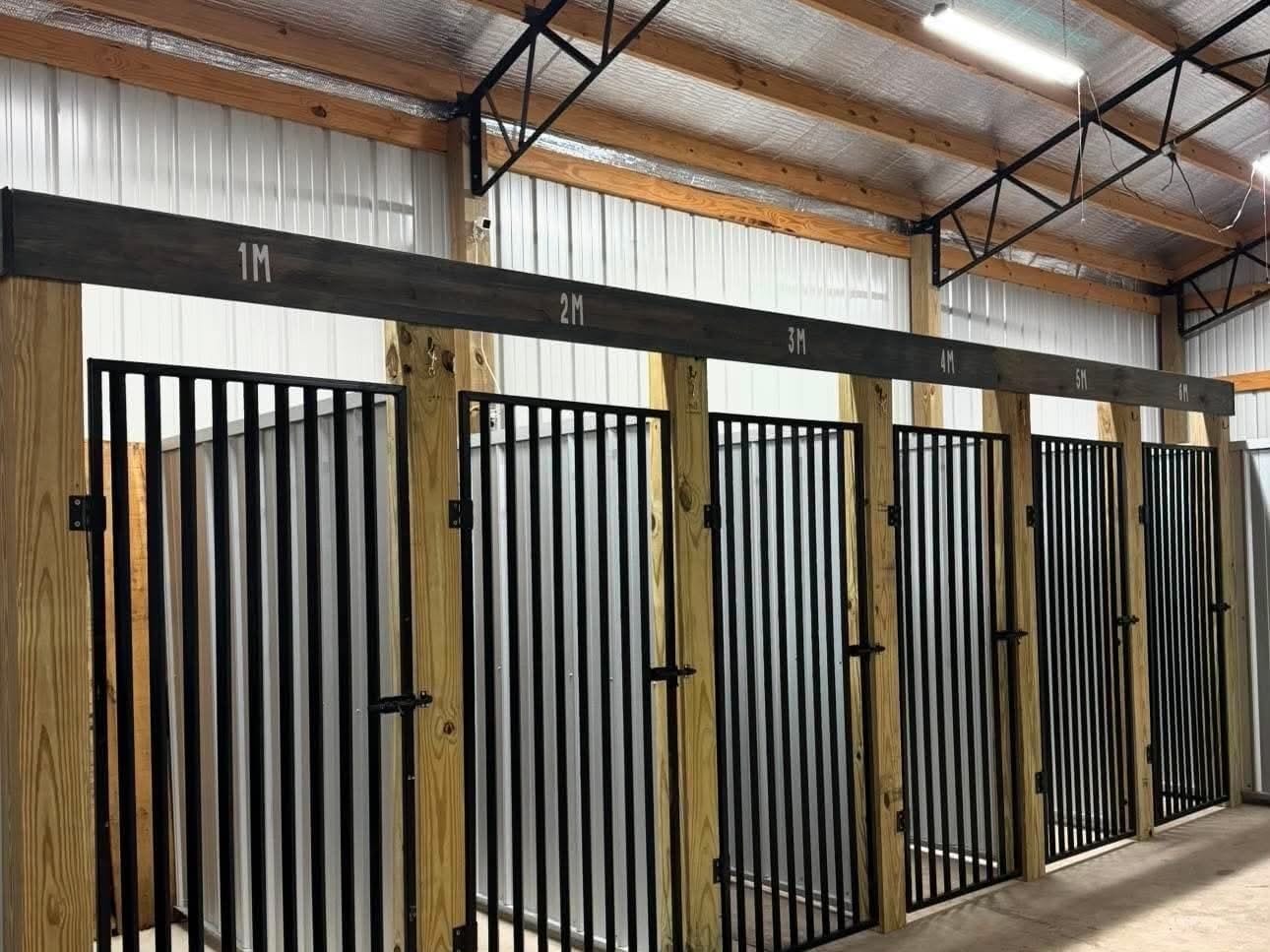 The finished row of kennel runs inside the barn, with black gates, numbered wood beams and a clean floor.